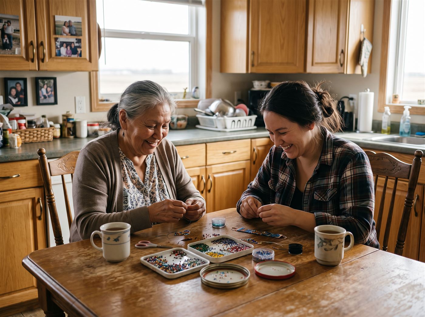 A grandmother and granddaughter beading together at a kitchen table