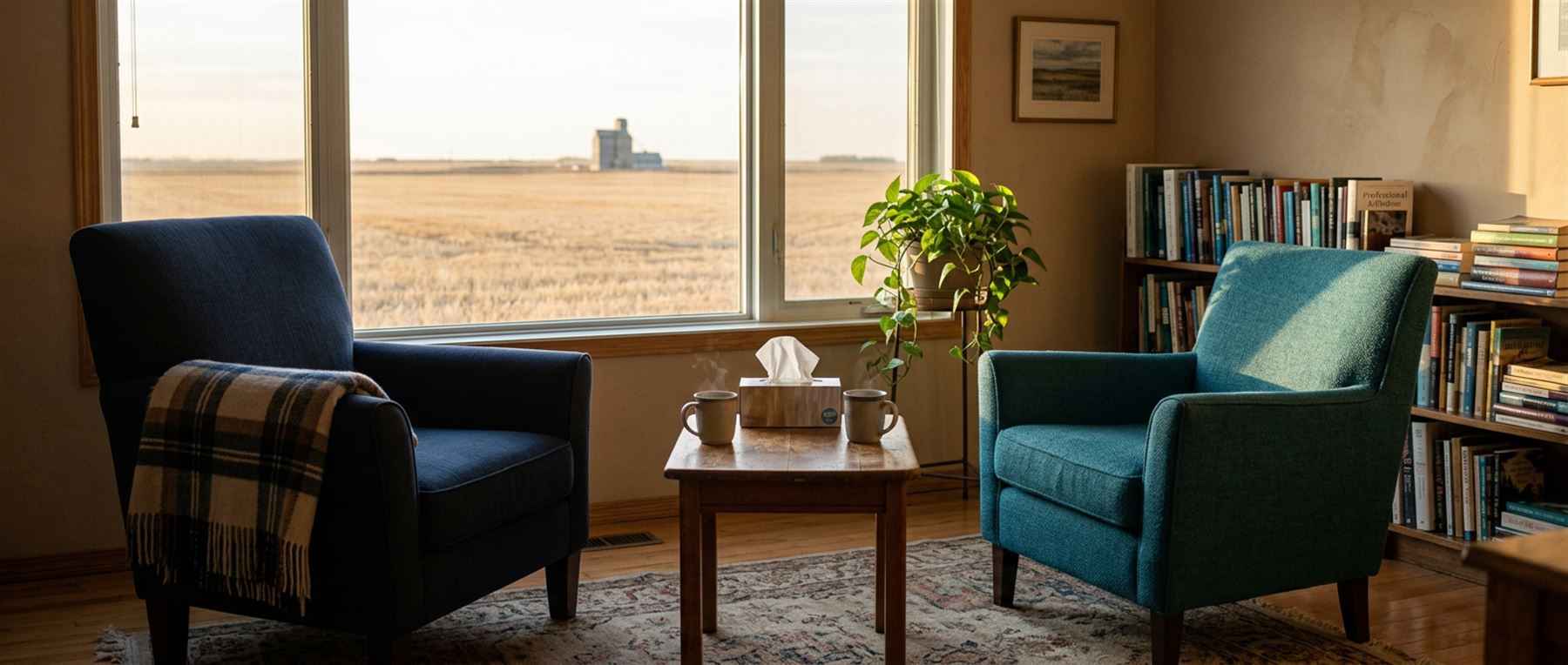 Two armchairs and a pot of tea in a counselling office, prairie fields through the window