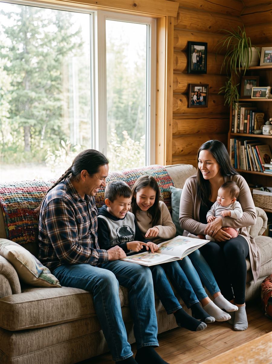 A First Nations family reading together at home