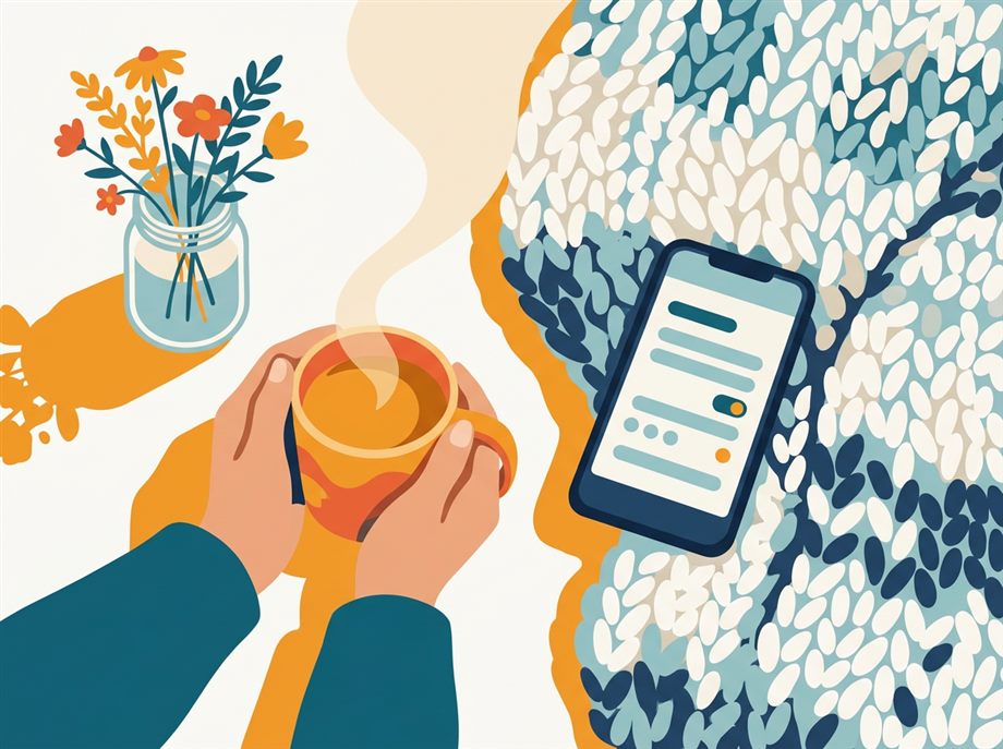 Illustration: a cup of tea beside a phone showing a gentle intake form