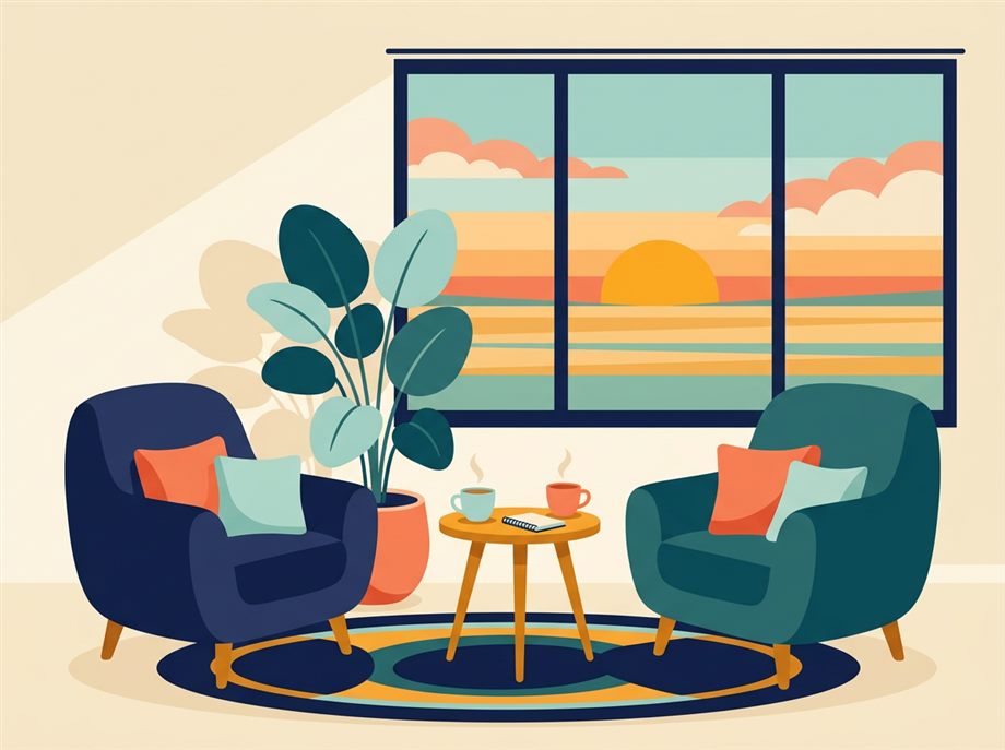 Illustration: two armchairs facing each other in a warm room with a prairie sunrise in the window