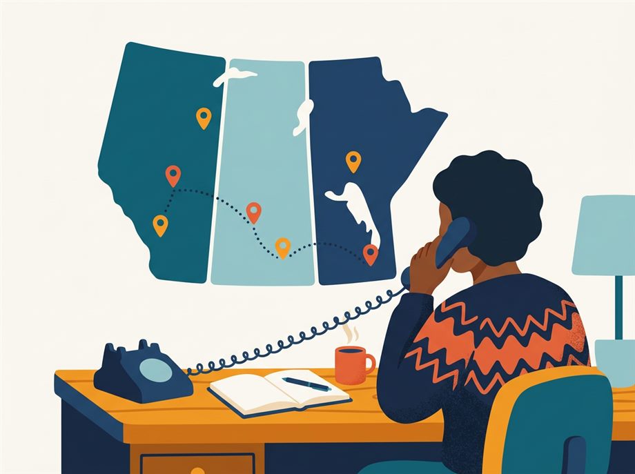 Illustration: a person phoning counsellors in front of a prairie map with location pins