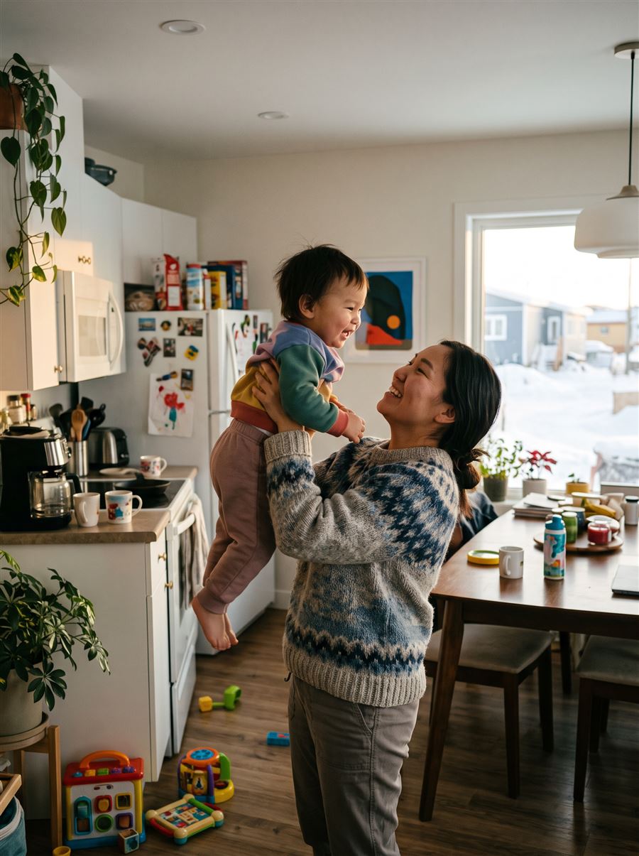 An Inuk mother lifting her toddler in their home