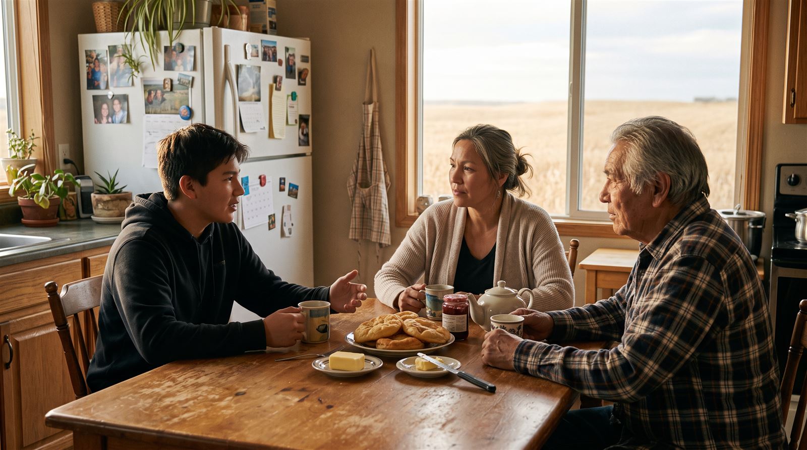 Three generations sharing tea and bannock at a kitchen table